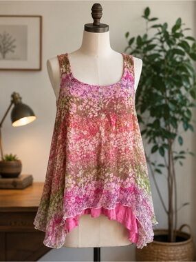 Testament Anthro Pink Floral Layered Flowy Sleeveless Tank Top SZ L Cottagecore